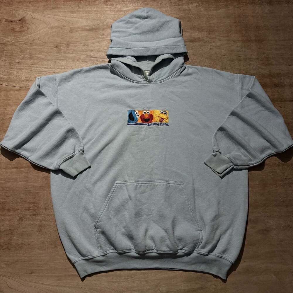 Sesame Place Embroidered Characters Graphic Pullover Hoodie Light Blue Size XL